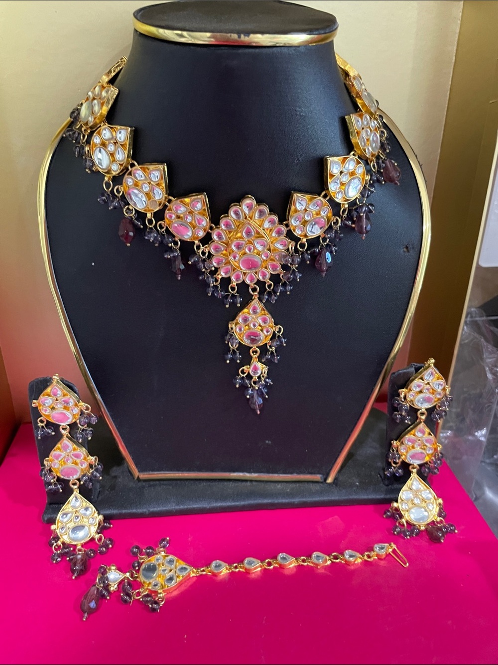 Gold-Tone Pink & White Kundan Necklace Set - Elegant Women’s Jewelry